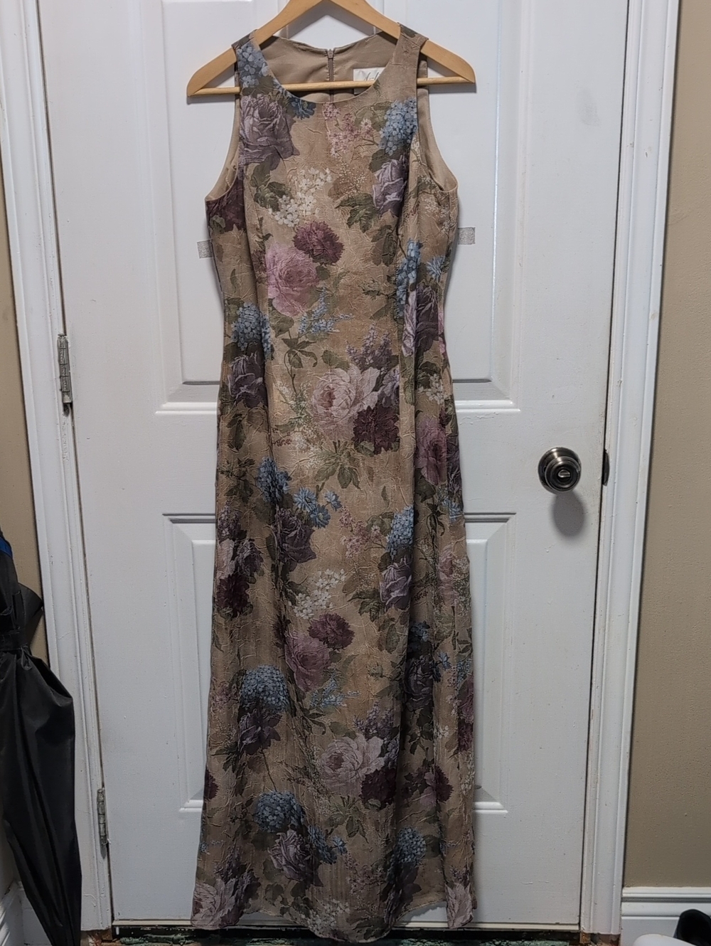 Floral Maxi Dress in Beige with Mauve and Blue Accents